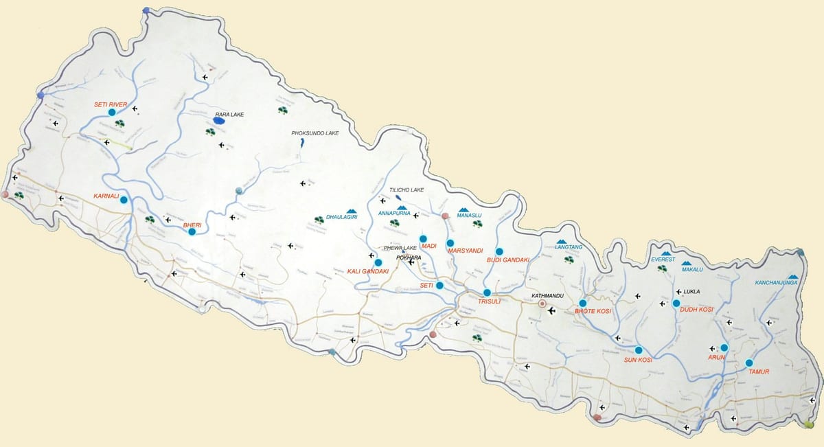 வரைபடம் நேபால் காட்டும் ஆறுகள்